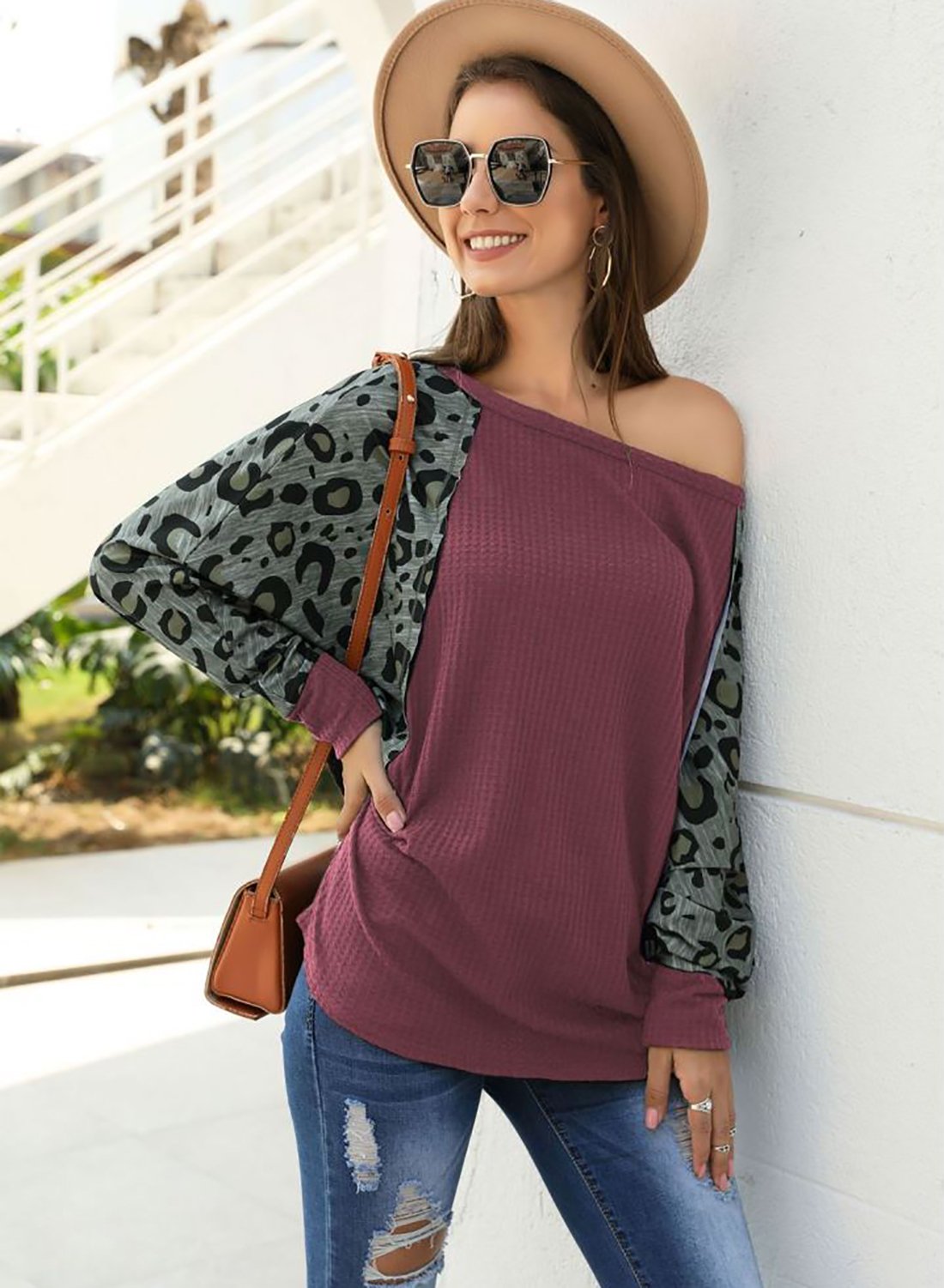 Camouflage Leopard Off Shoulder Batwing Sleeve Shirt