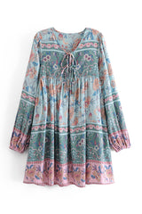 Boho Mini Dress Tunic Dress,  Karlie Vintage Blue Rose