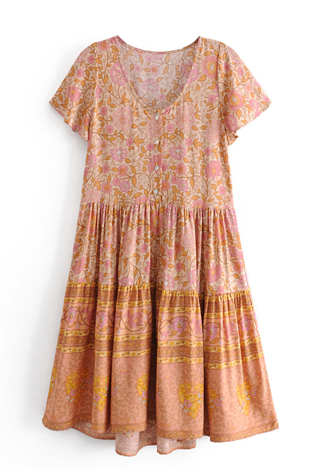 Boho Mini Dress Sundress, Indian Flower Pink