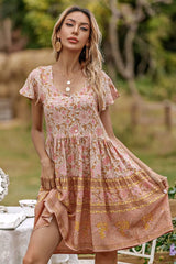 Boho Mini Dress Sundress, Indian Flower Pink