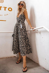 Boho Midi Dress, Strappy Sundress Emilie in Floral Black