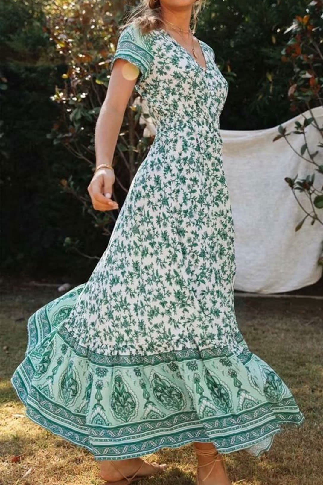 Boho Maxi Dress, Wild Floral, Fresh Mint Green