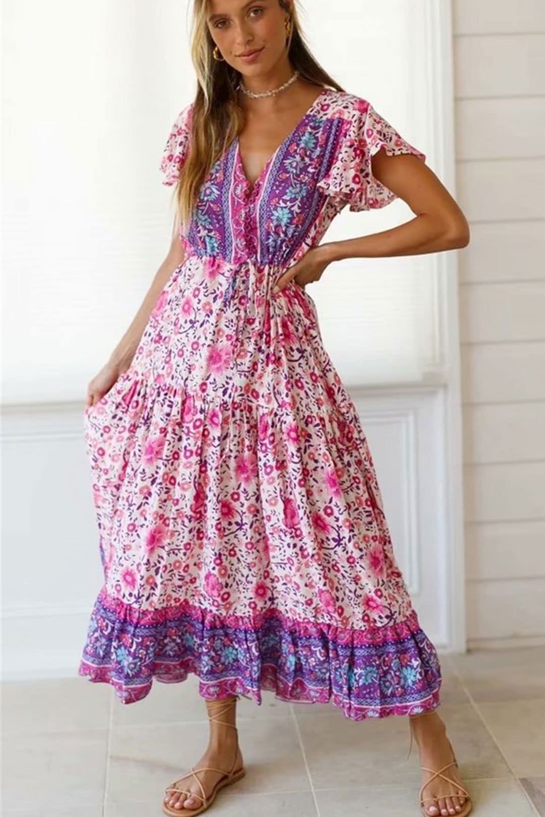 Boho Maxi Dress, Wild Floral, Fresh Pink Fuchsia