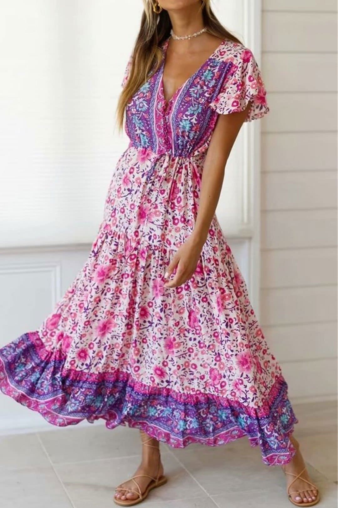 Boho Maxi Dress, Wild Floral, Fresh Pink Fuchsia