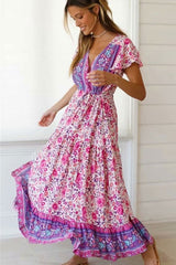 Boho Maxi Dress, Wild Floral, Fresh Pink Fuchsia