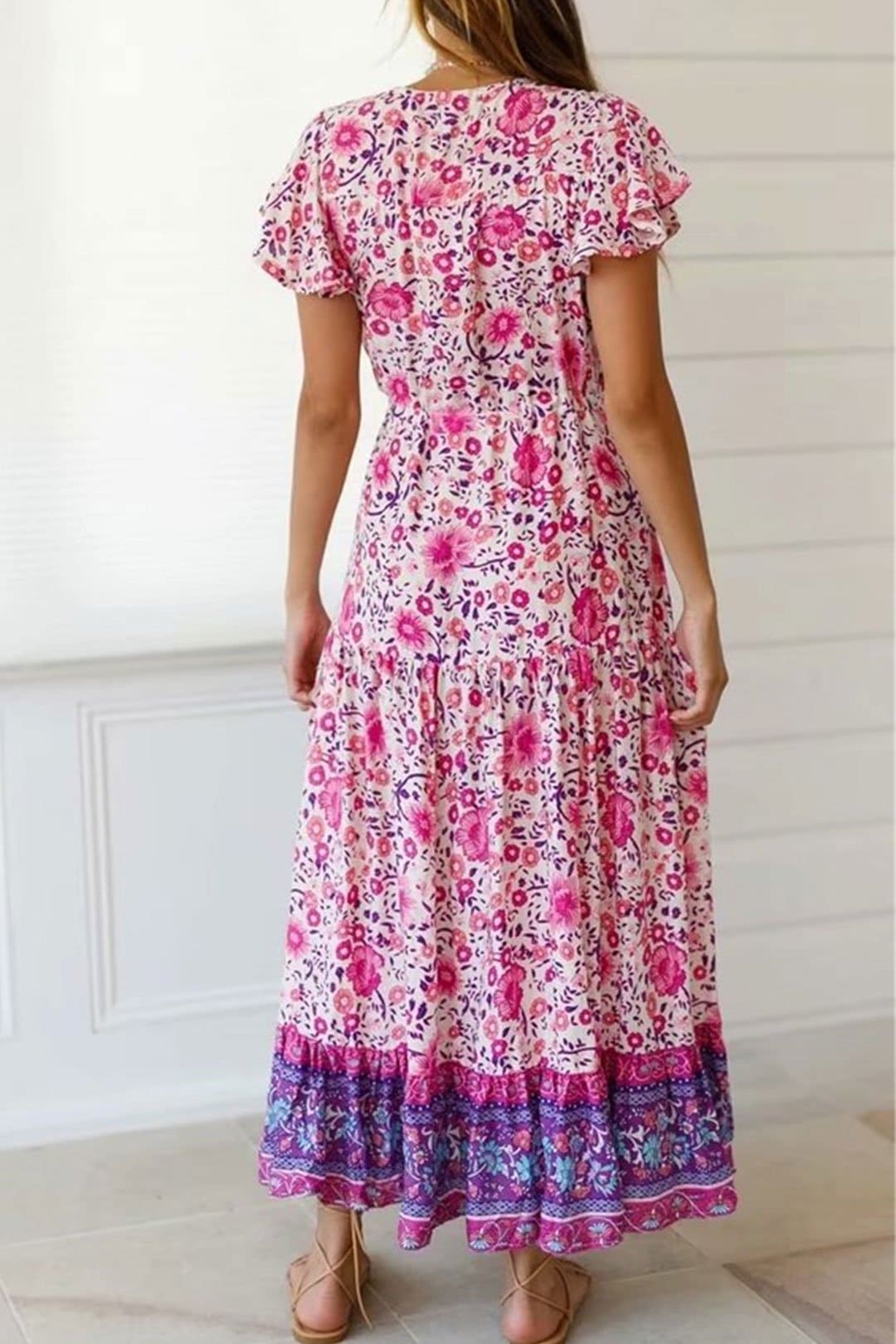 Boho Maxi Dress, Wild Floral, Fresh Pink Fuchsia