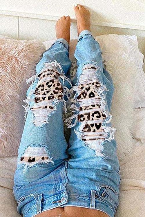 Ripped Leopard Loose Leg Jeans