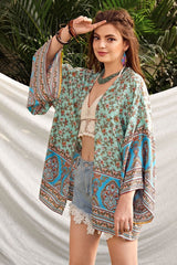 Boho Robe, Kimono Robe,  Beach Cover up, Wild Floral in Mint Green