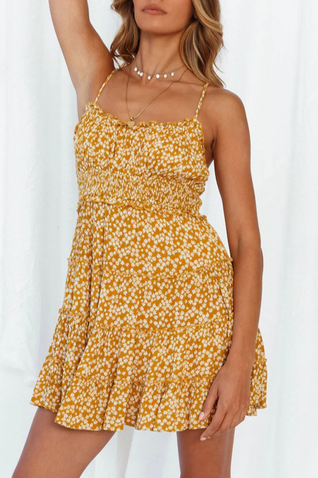 Boho Mini Dress Strappy, Sweet Yellow Daisy