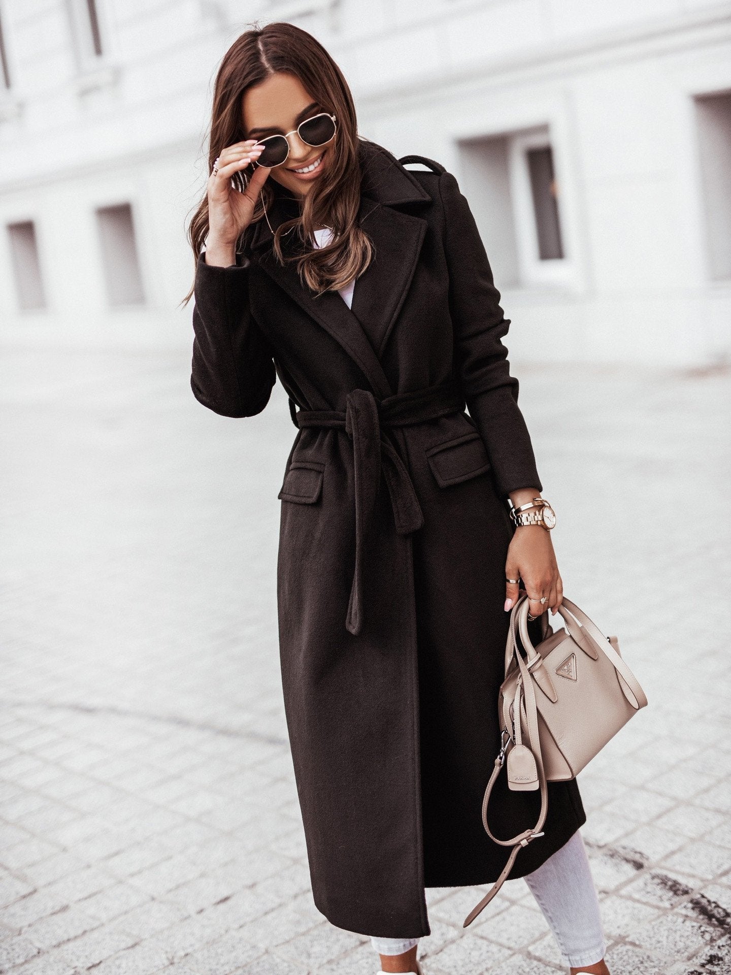 Waist Tie Double Pocket Lapel Jacket Coat