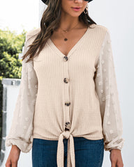 Button Up Swiss Dot Knot Front V Neck Sweater