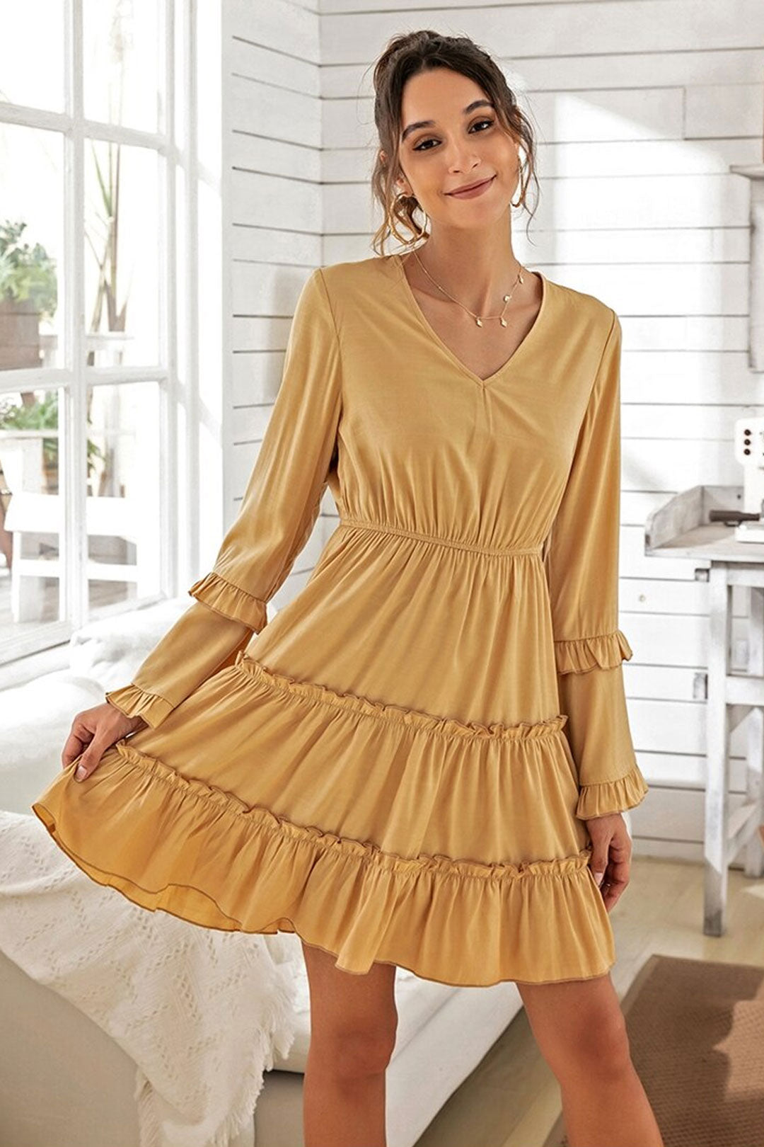 Boho Mini Dress Ruffle Yellow Mustard