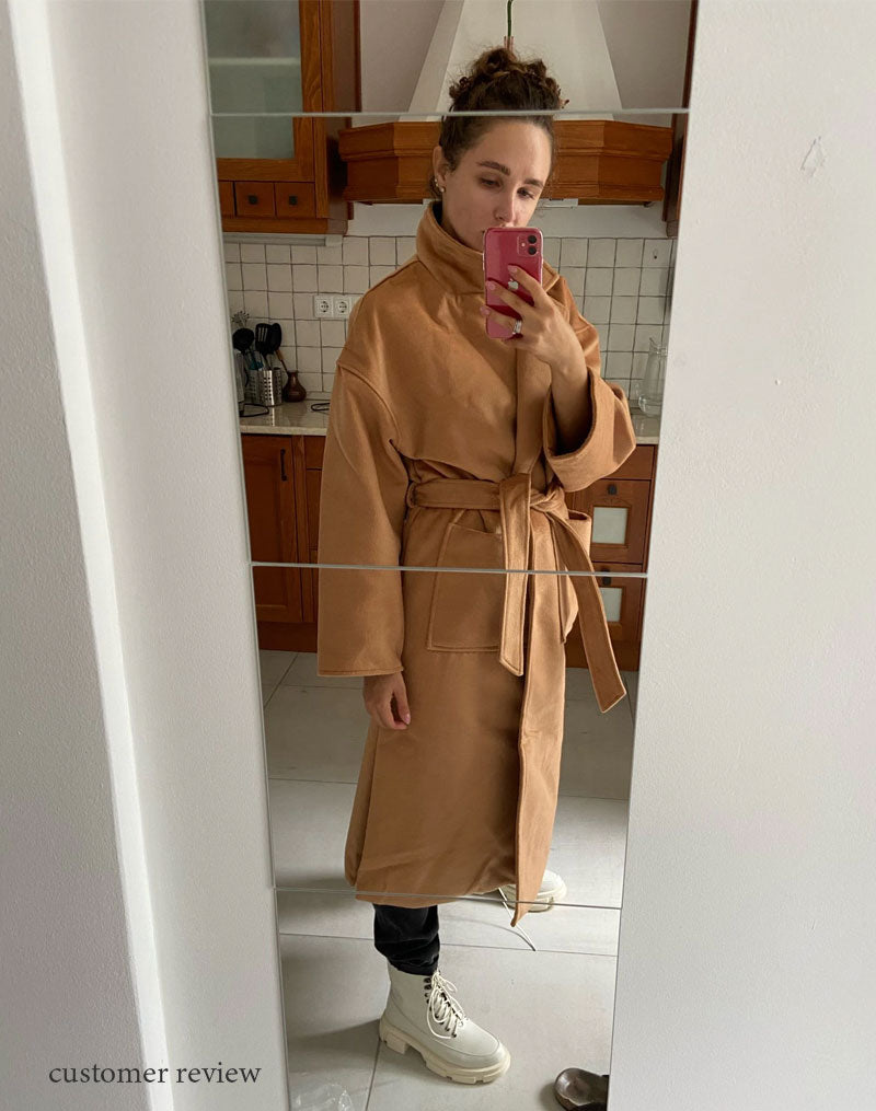 Winter Coat, Wool Coat, Long Wool Coat Women, Robe Coat Reina in Camel Gray and Black