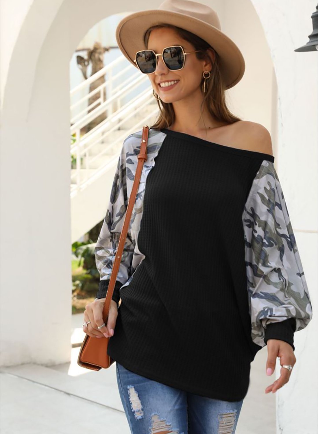 Camouflage Leopard Off Shoulder Batwing Sleeve Shirt