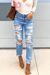 Ripped Straight Mid Waist Jeans