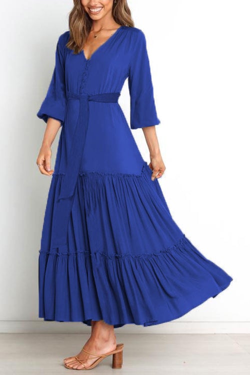 Button V Neck Tie Waist Maxi Dress