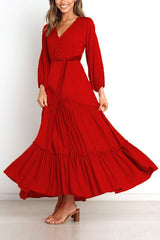 Button V Neck Tie Waist Maxi Dress