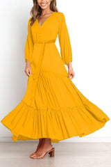 Button V Neck Tie Waist Maxi Dress