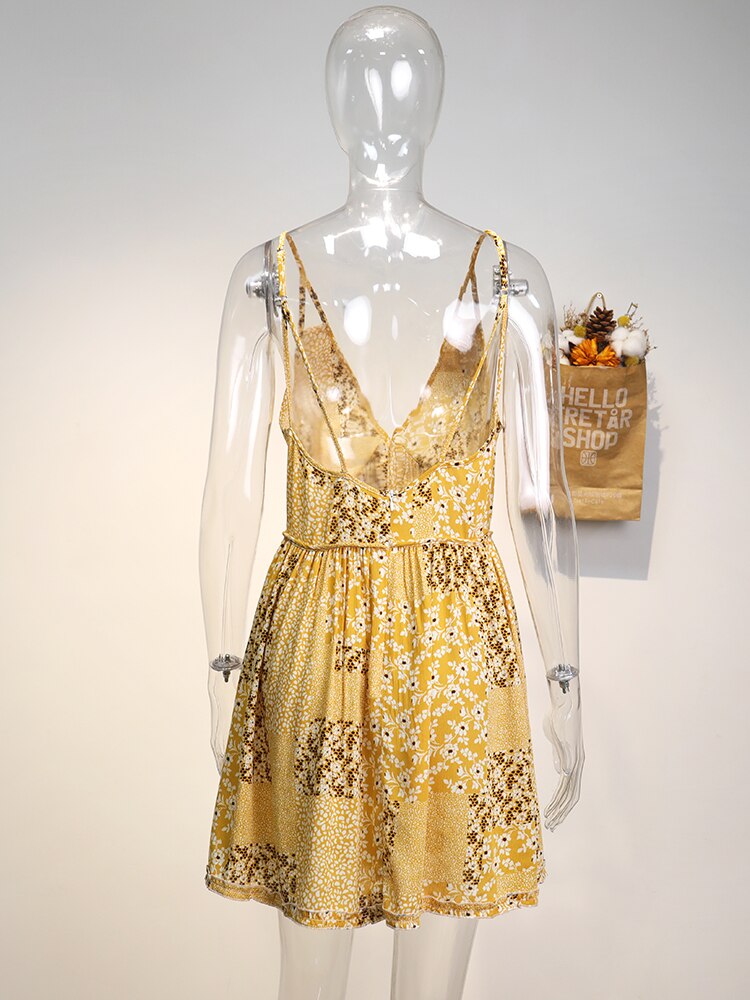 Boho Mini Dress Strappy, Daniela Yellow Flower Child