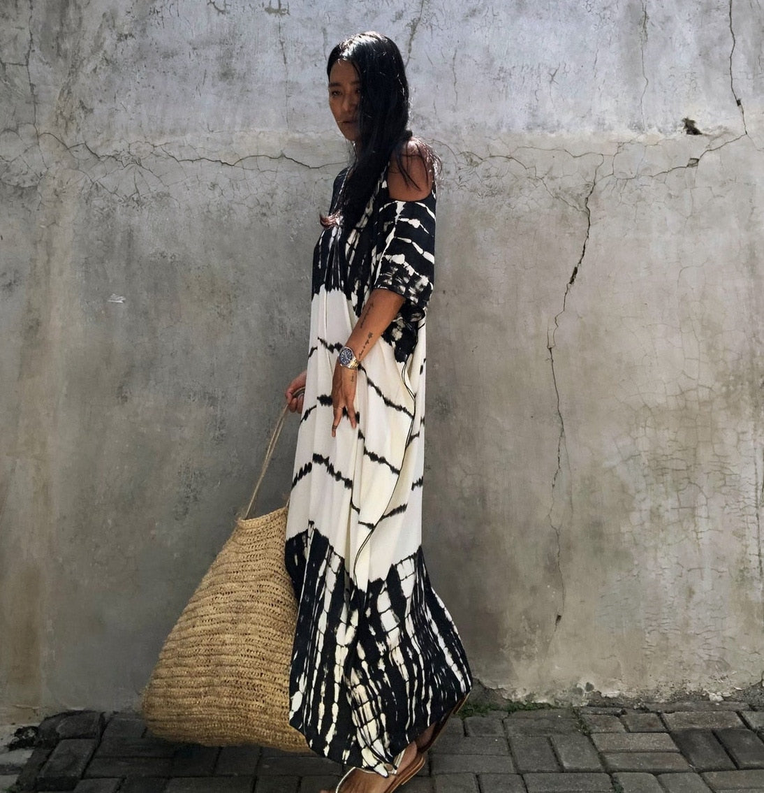 Beach Dress, Cover up Dress,, Kaftan Dress, Black & White Tie Dye Print