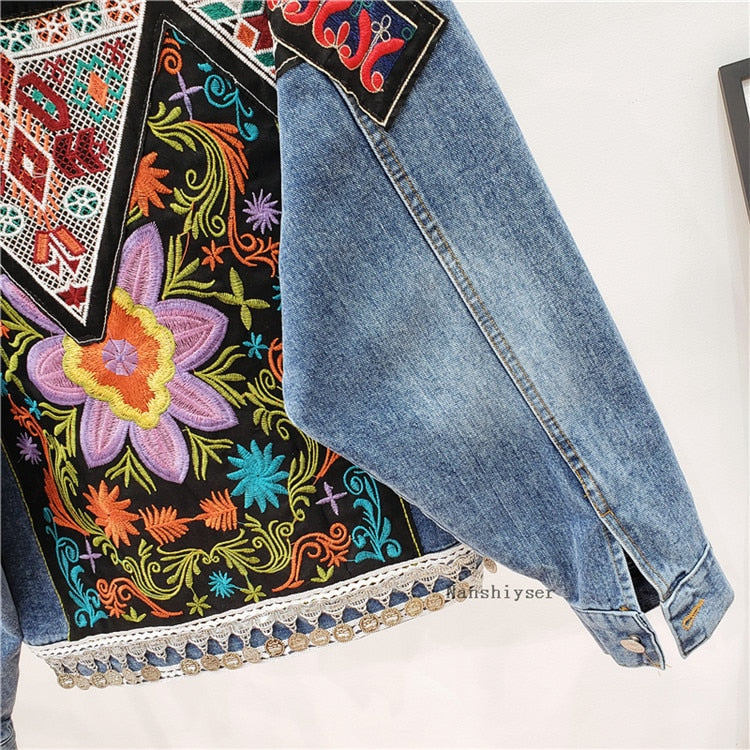 Boho Jacket, Denim Jacket for Women, Floral Embroidery Jacket Sparrow