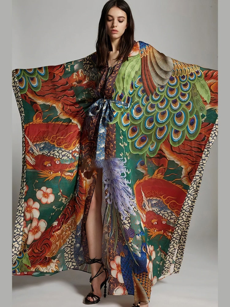 Beach Robe, Boho Robe, Peacock and Dragon