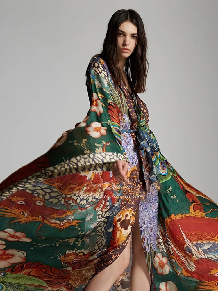 Beach Robe, Boho Robe, Peacock and Dragon