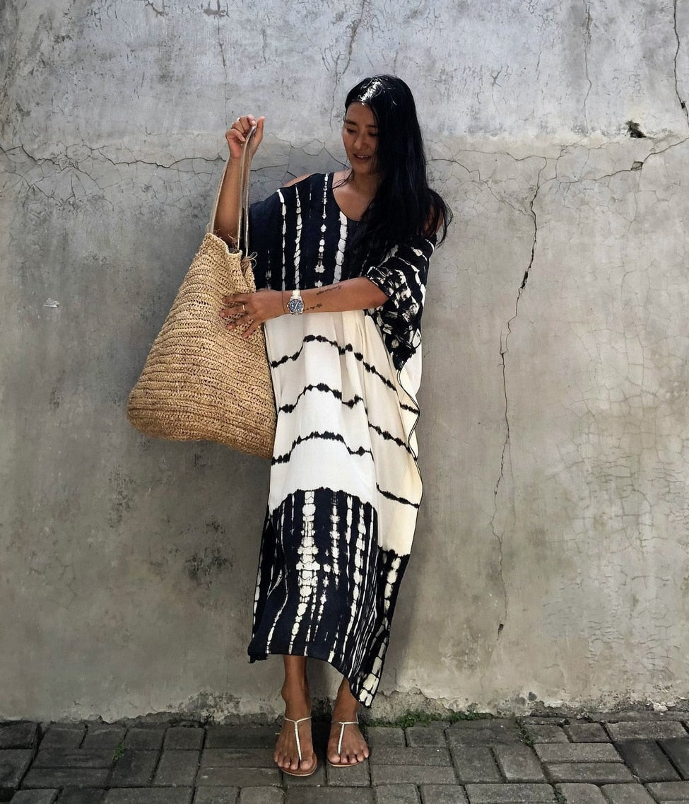 Beach Dress, Cover up Dress,, Kaftan Dress, Black & White Tie Dye Print