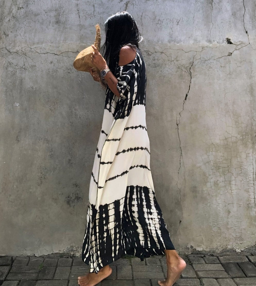 Beach Dress, Cover up Dress,, Kaftan Dress, Black & White Tie Dye Print