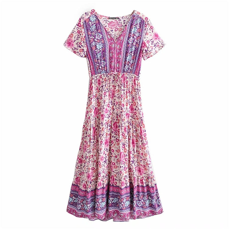 Boho Maxi Dress, Wild Floral, Fresh Pink Fuchsia