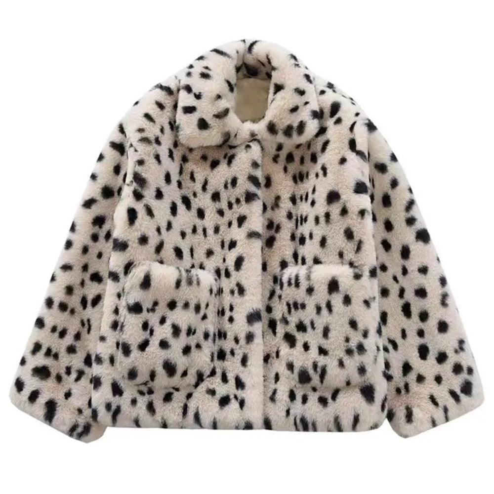 Boho Winter Coat, Fur Coat, Faux Fox Fur, White Black Dalmatian