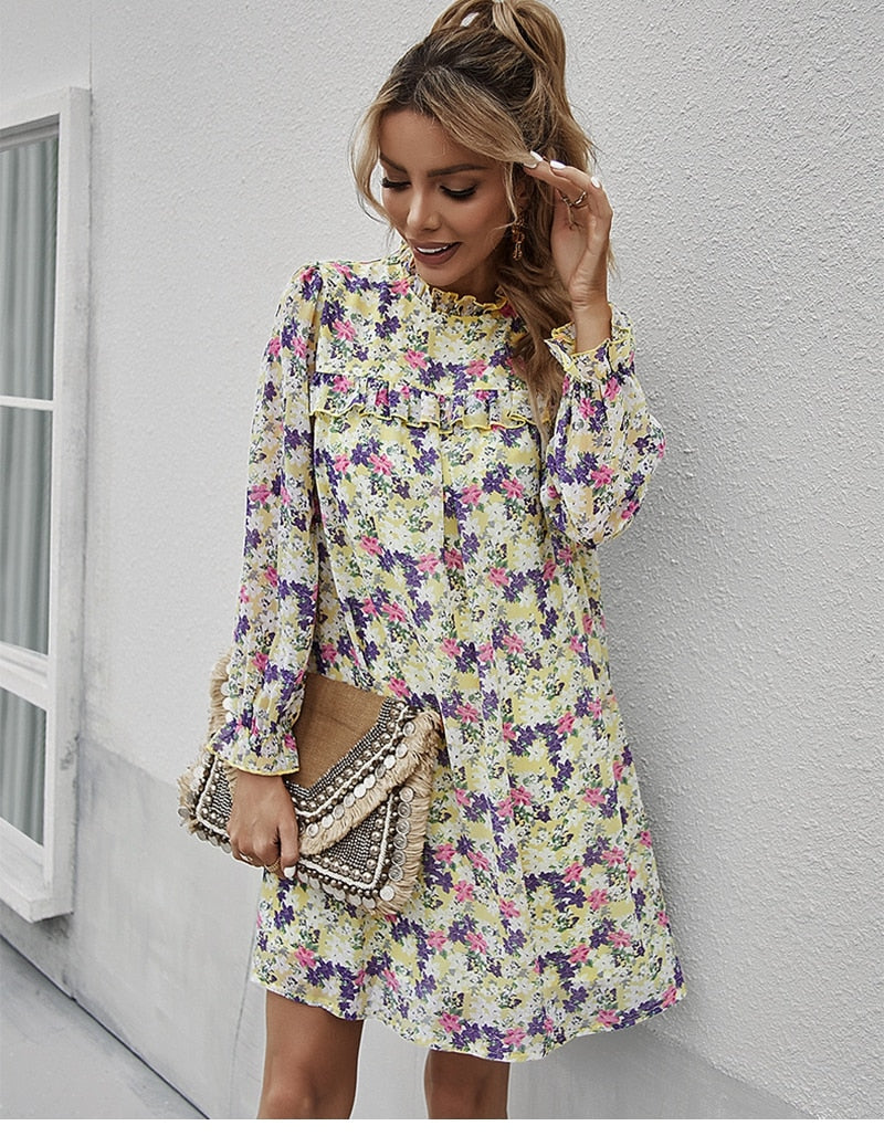 Boho Mini Dress Tunic Dress, Willow Floral in Yellow