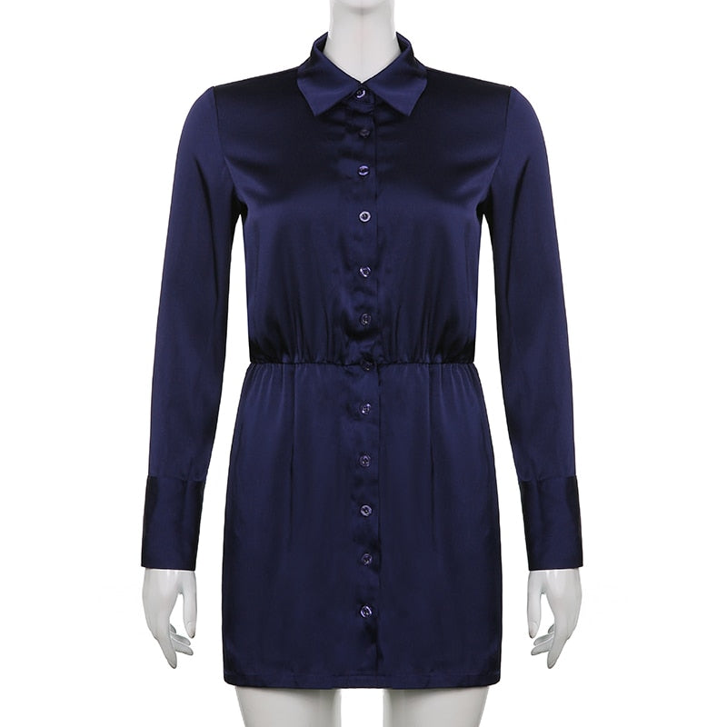 Boho Party Dress, Satin Shirt Dress Allegra in Navy