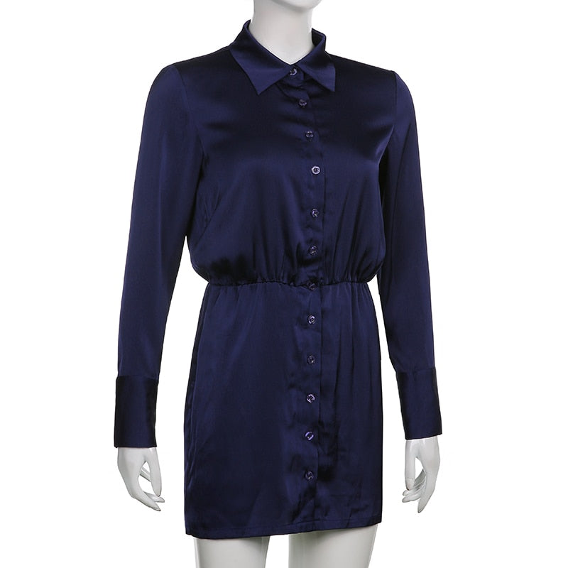 Boho Party Dress, Satin Shirt Dress Allegra in Navy