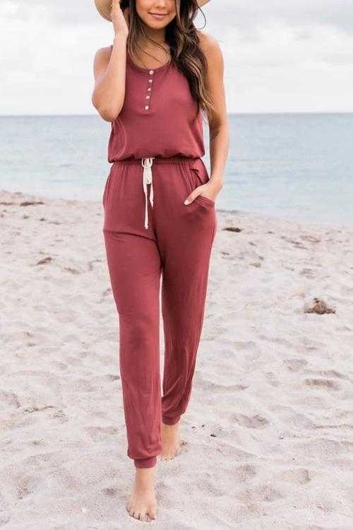 Button Sleeveless Drawstring Jumpsuits