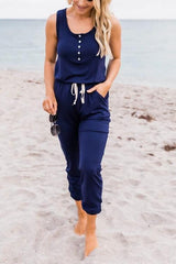 Button Sleeveless Drawstring Jumpsuits