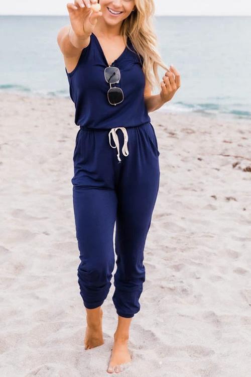 Button Sleeveless Drawstring Jumpsuits