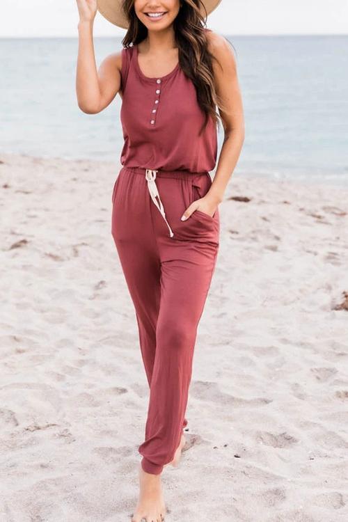 Button Sleeveless Drawstring Jumpsuits