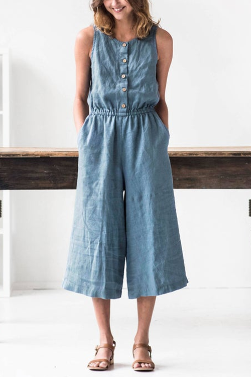 Button Sleevelss Pockets Jumpsuits