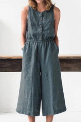 Button Sleevelss Pockets Jumpsuits