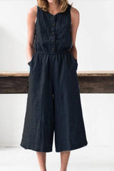 Button Sleevelss Pockets Jumpsuits