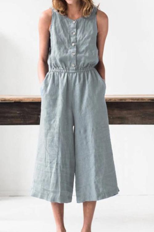 Button Sleevelss Pockets Jumpsuits