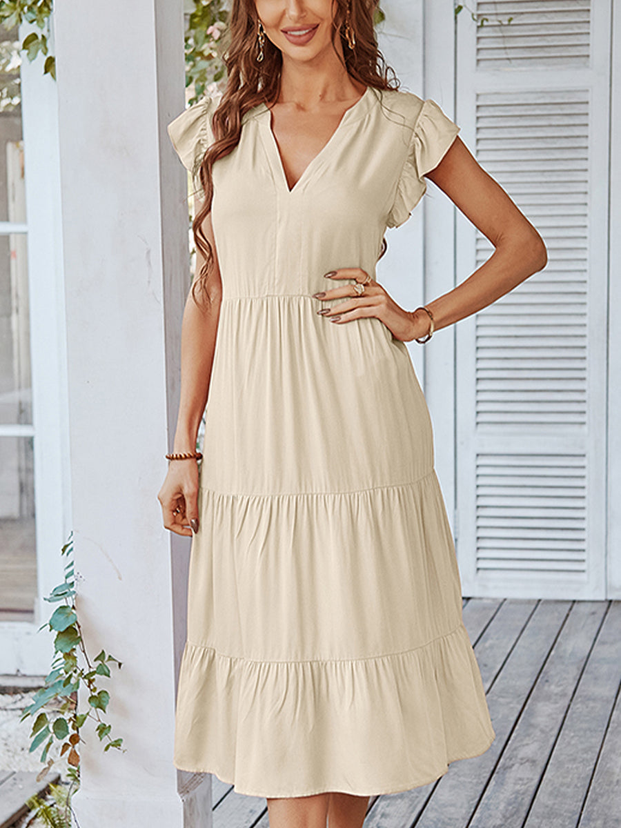 Women's Dresses V Neck Sexy Solid Color Casual Fly Sleeve Midi Dress