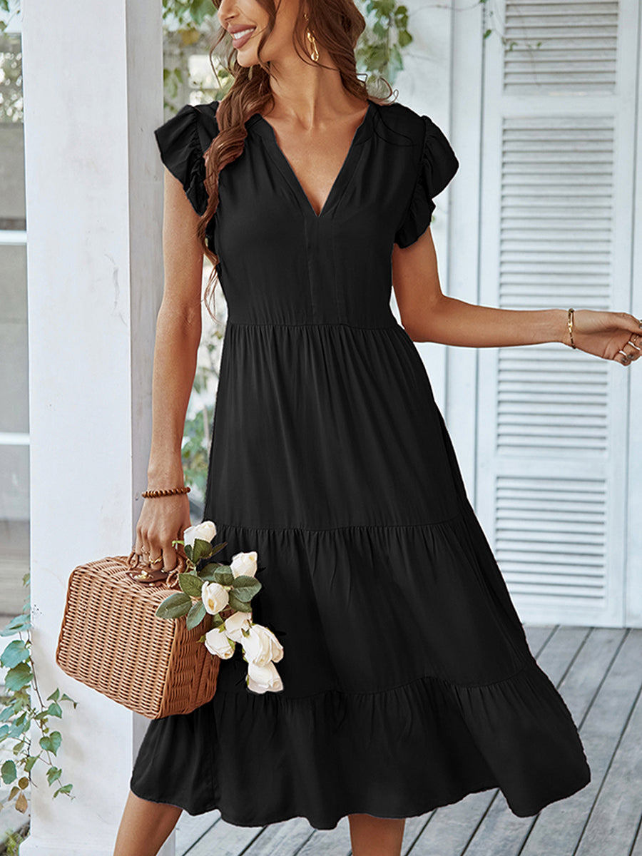 Women's Dresses V Neck Sexy Solid Color Casual Fly Sleeve Midi Dress