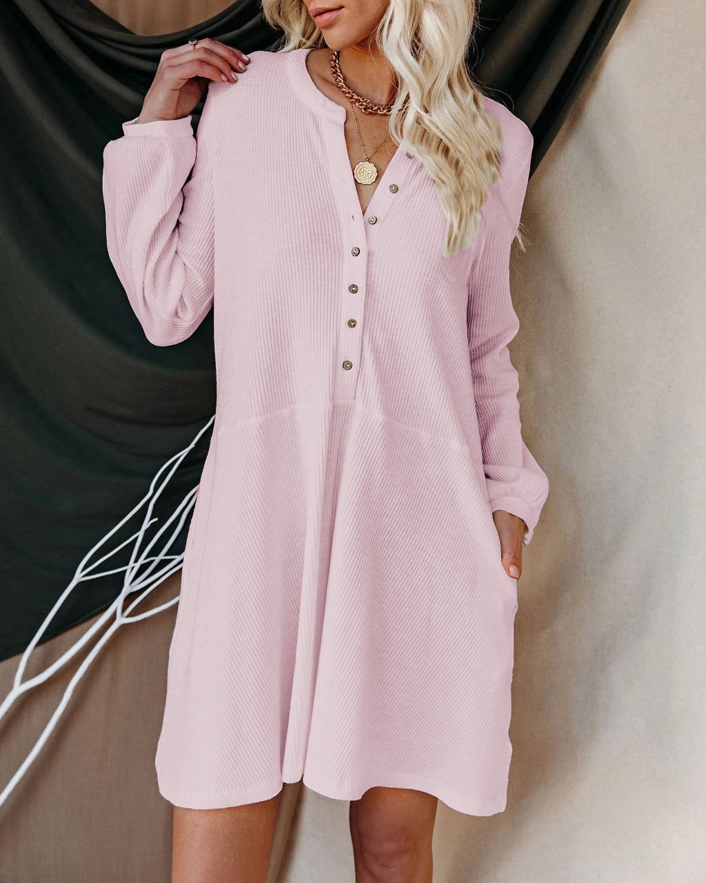 Casual Button Up Long Sleeve Midi Dress