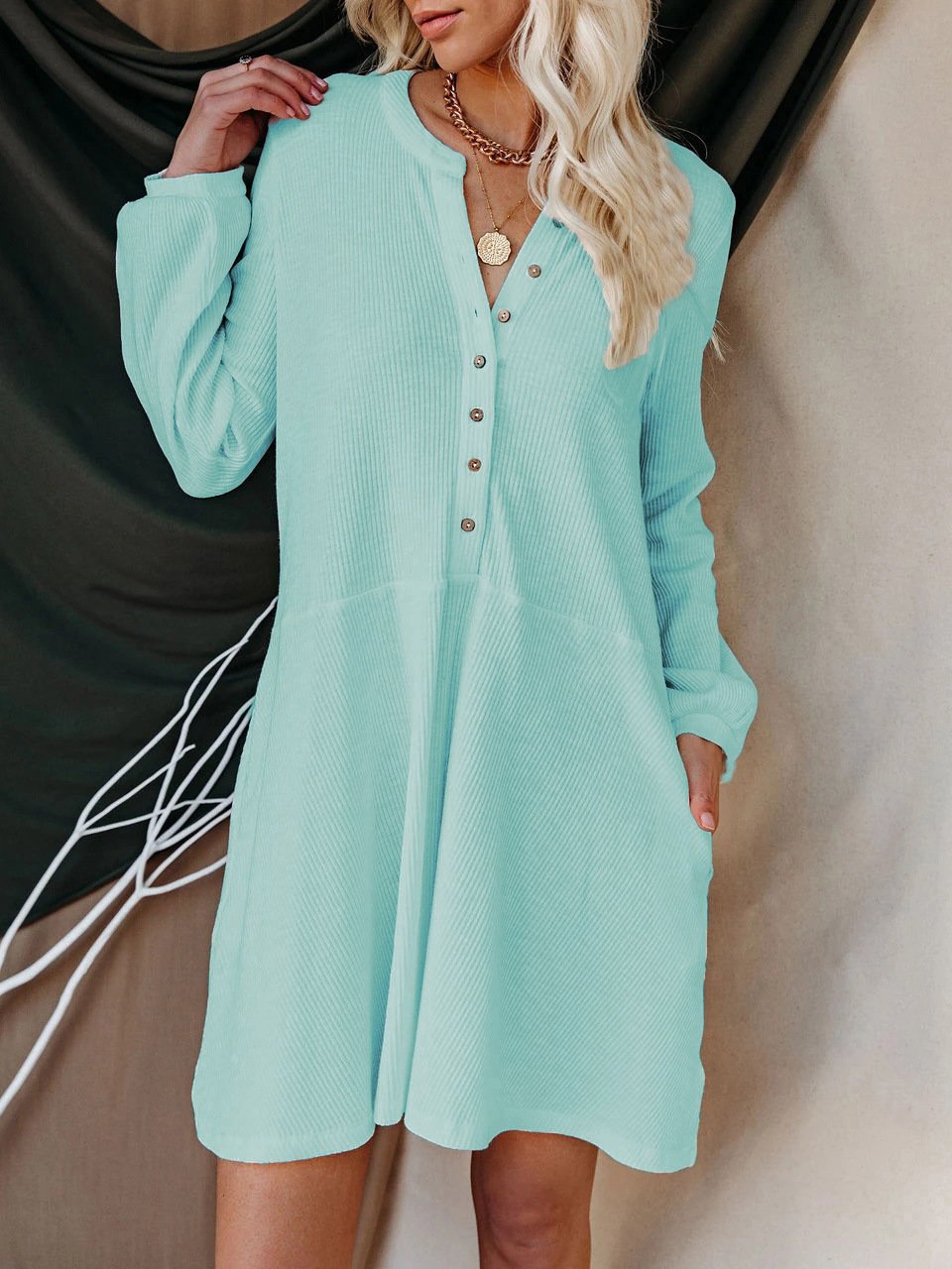 Casual Button Up Long Sleeve Midi Dress