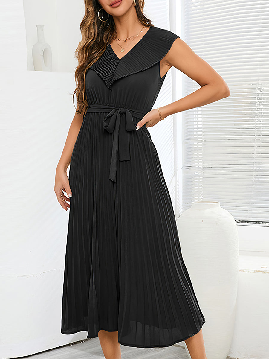 Women's Dresses Temperament Pleated Slim Elegant Solid Color V Neck Midi Dress