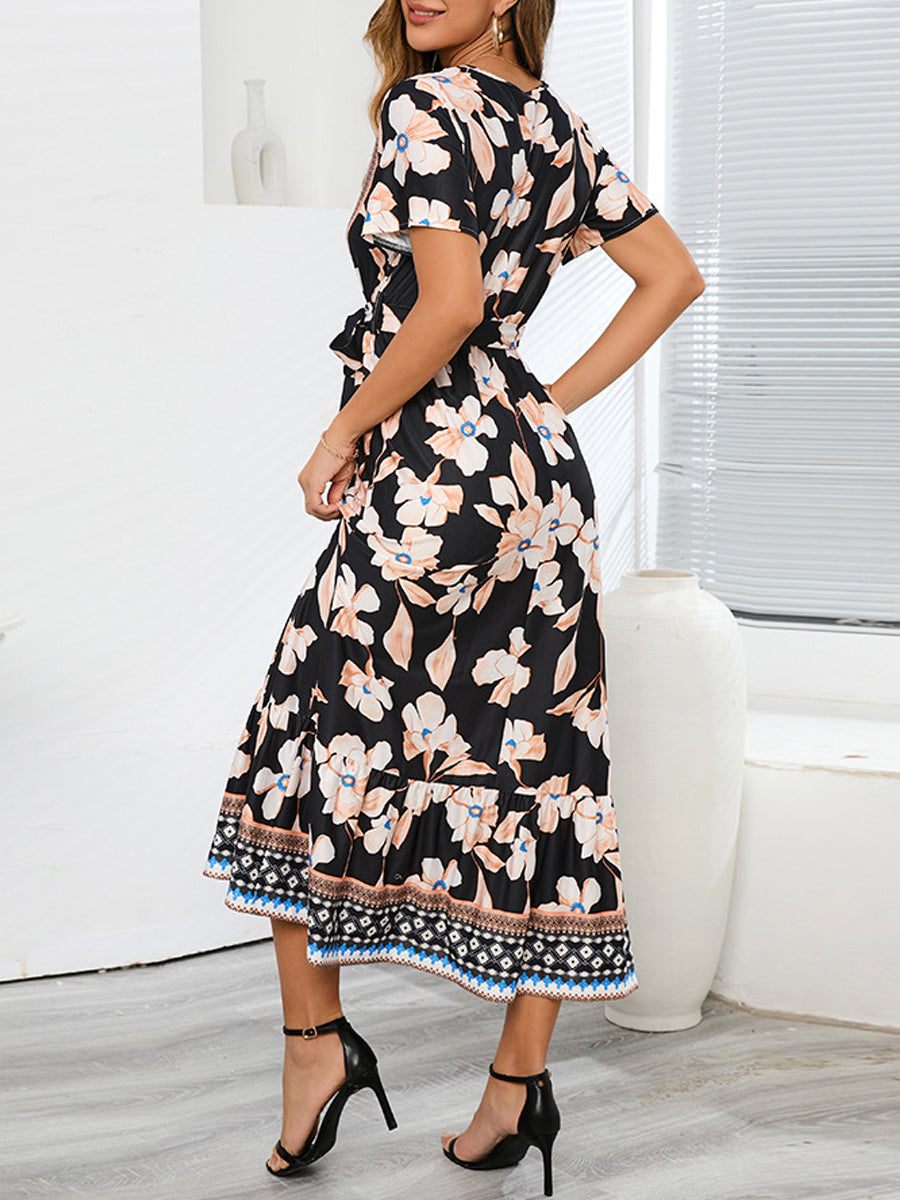 Retro Print Tie Slimming V Neck Fit Midi Dress