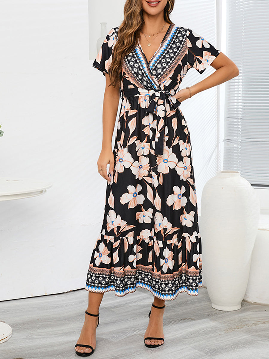 Retro Print Tie Slimming V Neck Fit Midi Dress