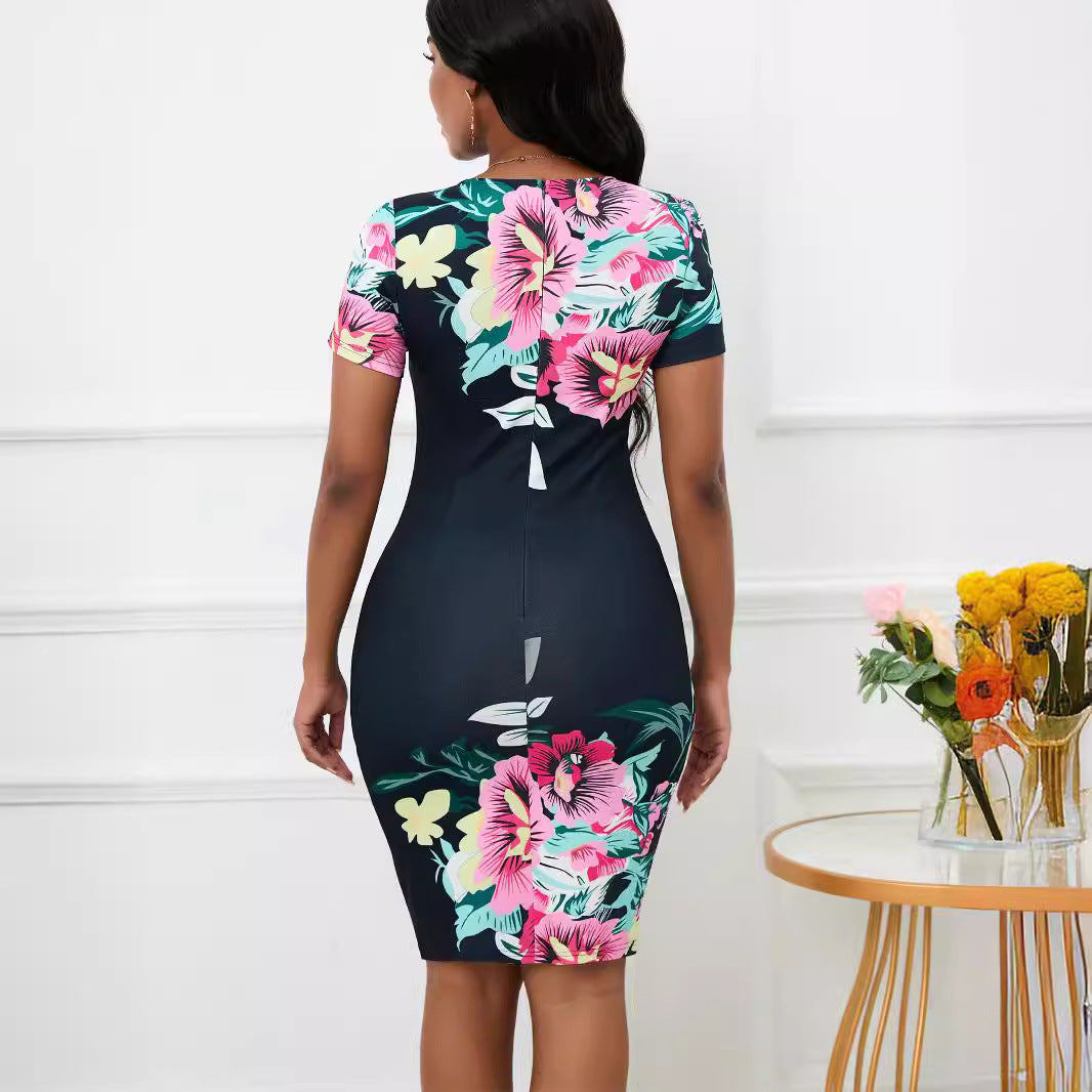 Round Neck Short Sleeve Floral Midi Dress